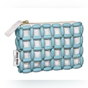 Miu Miu Parfums Blue Beaded and White Woven Small Zip Pouch